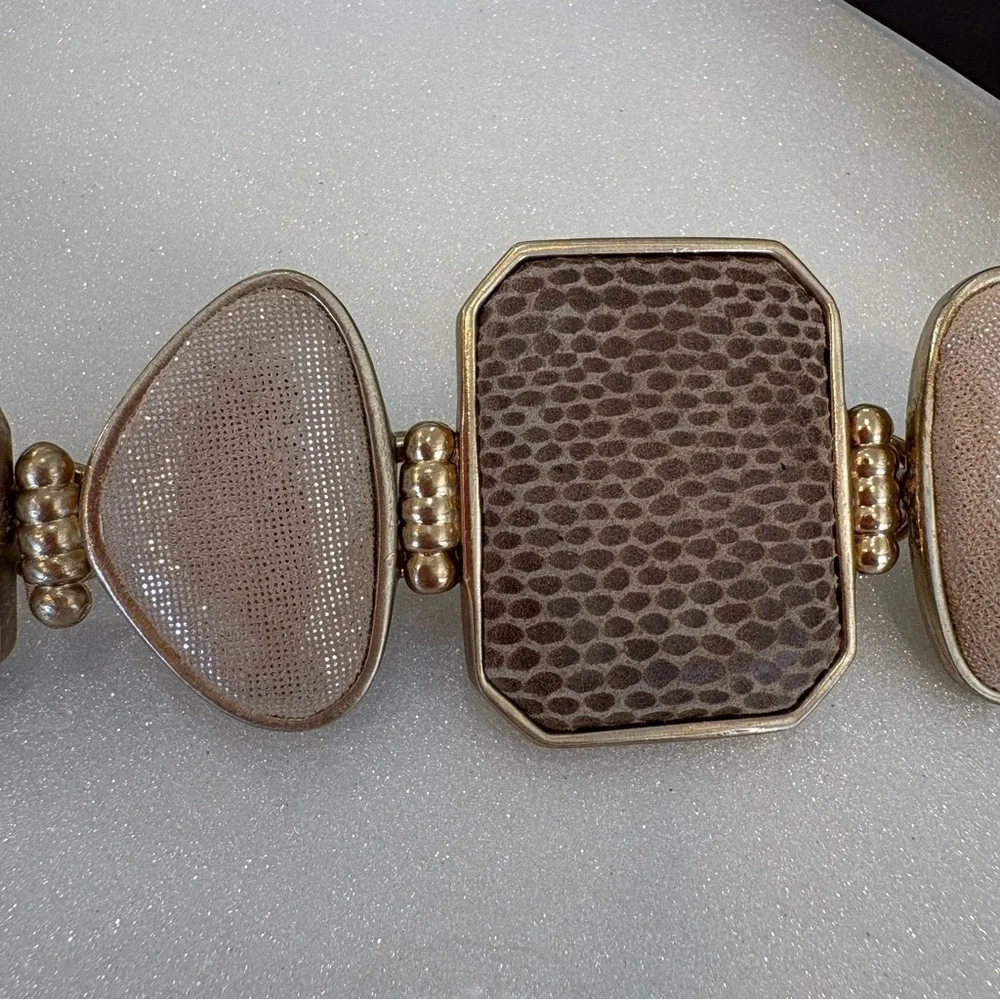 Chico’s Genuine Leather Belt Beige Taupe Stones  Adjustable S/M Natural